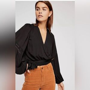 Free People Dream Girl Wrap Top M Black Puff Balloon Long Sleeves V-Neck